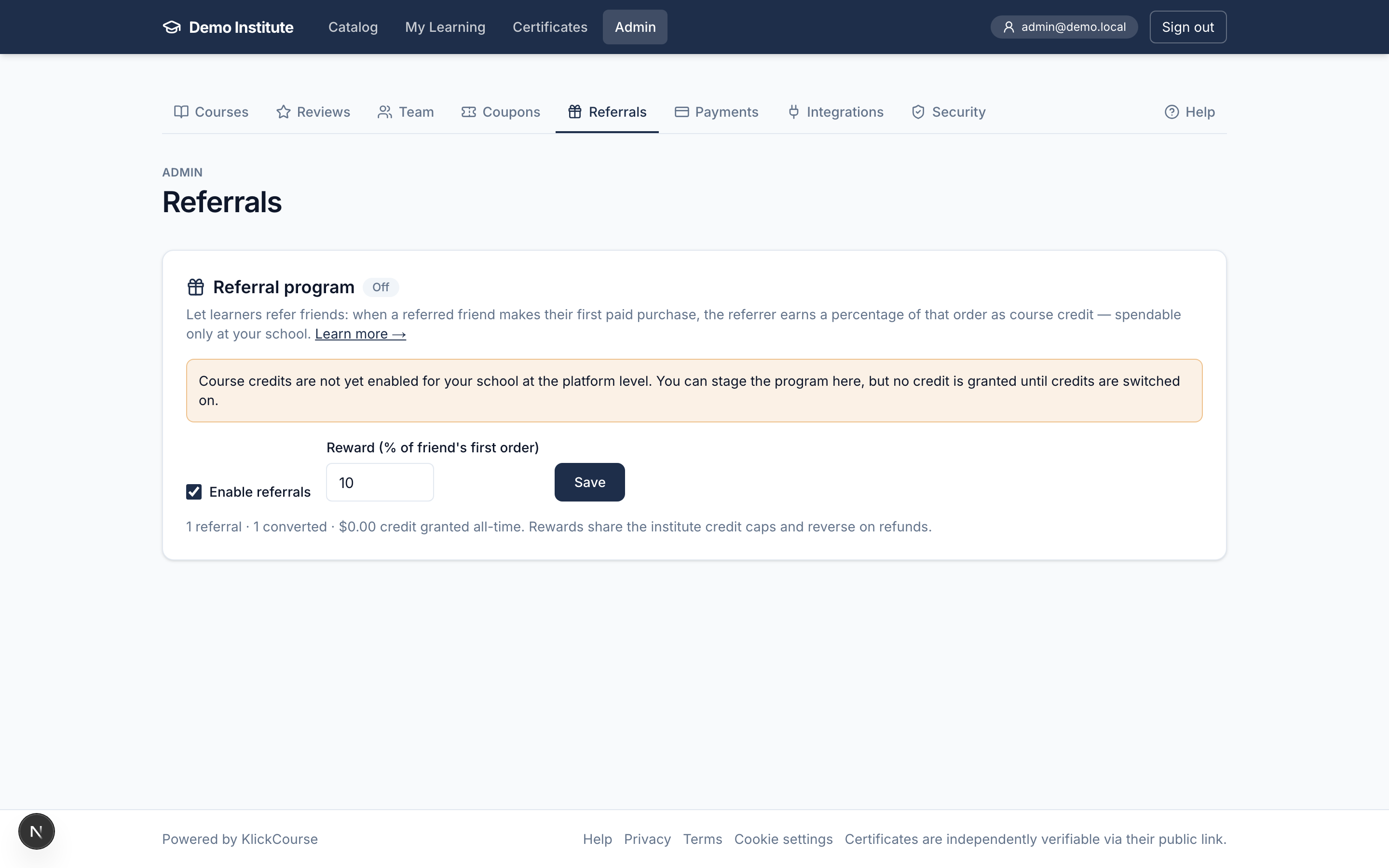 The Admin → Referrals page with the enable toggle and reward rate