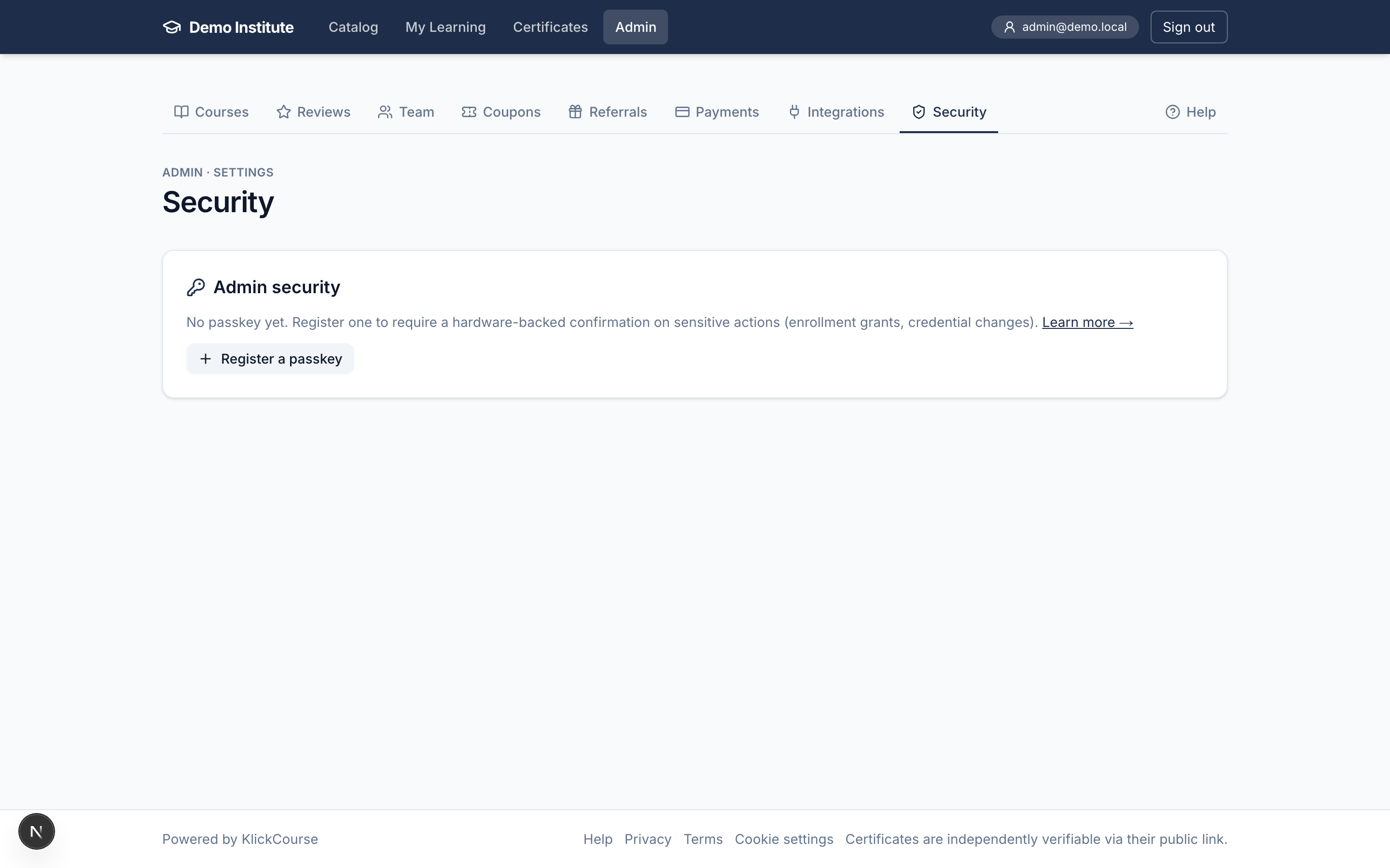 The Admin → Security page with passkey registration
