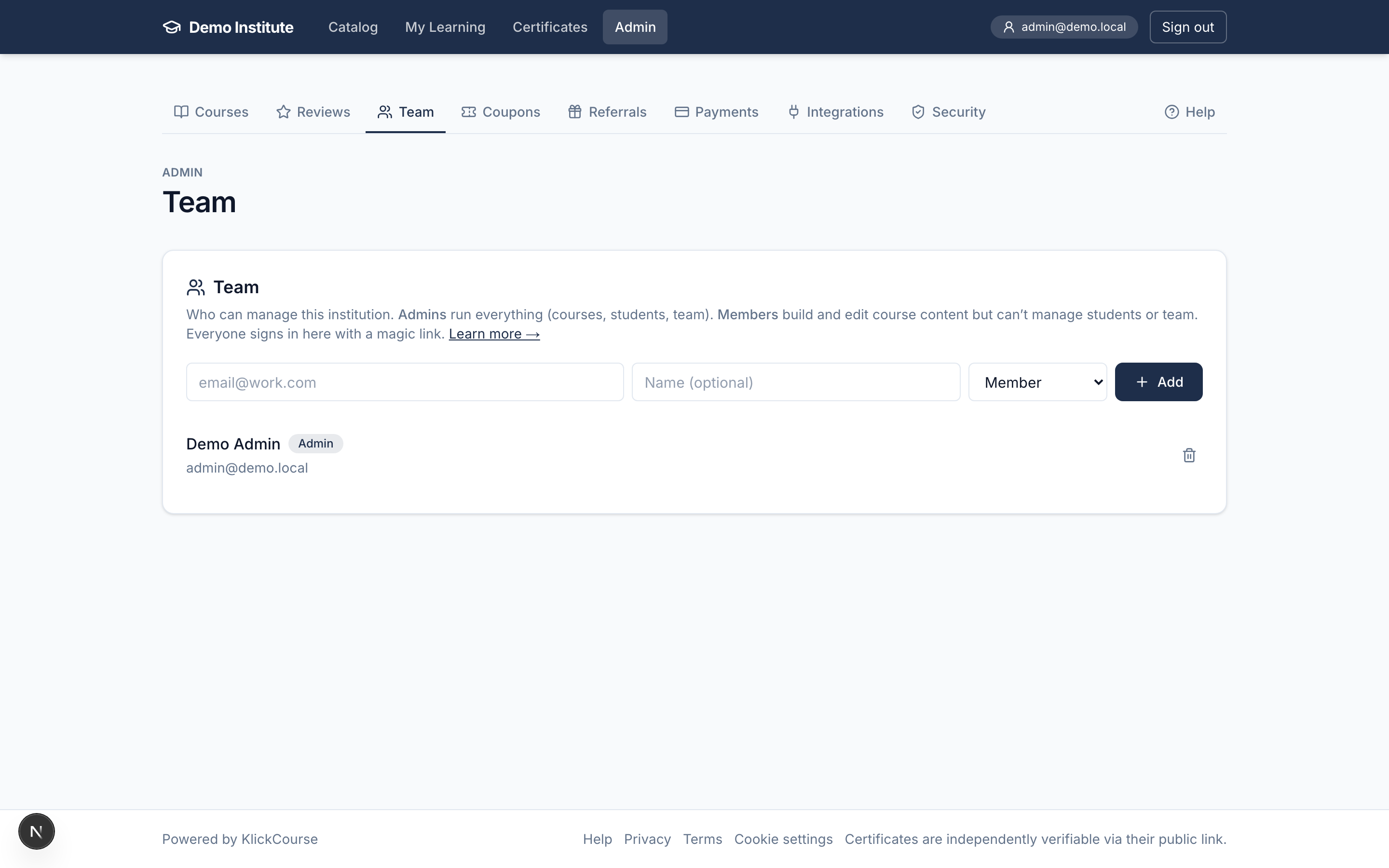 The Admin → Team page with the invite form and member list