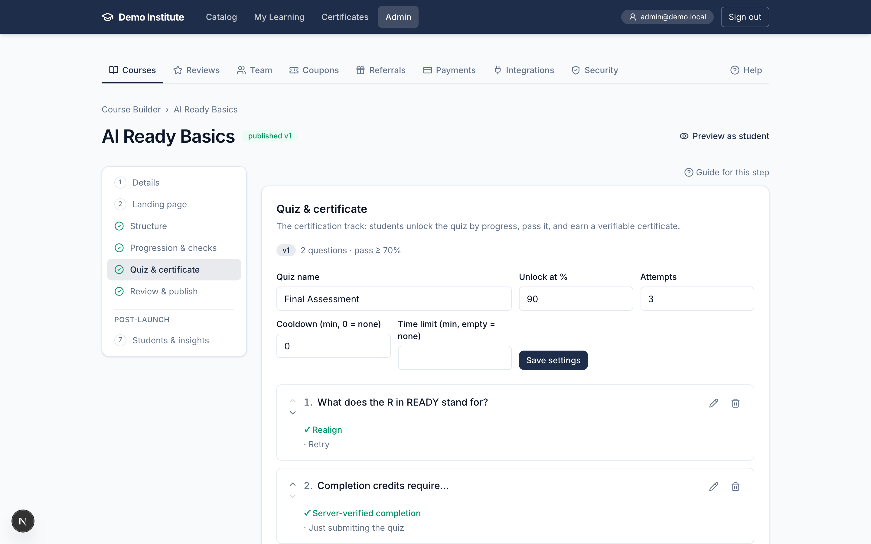 The Quiz & certificate step with quiz settings and the certificate template