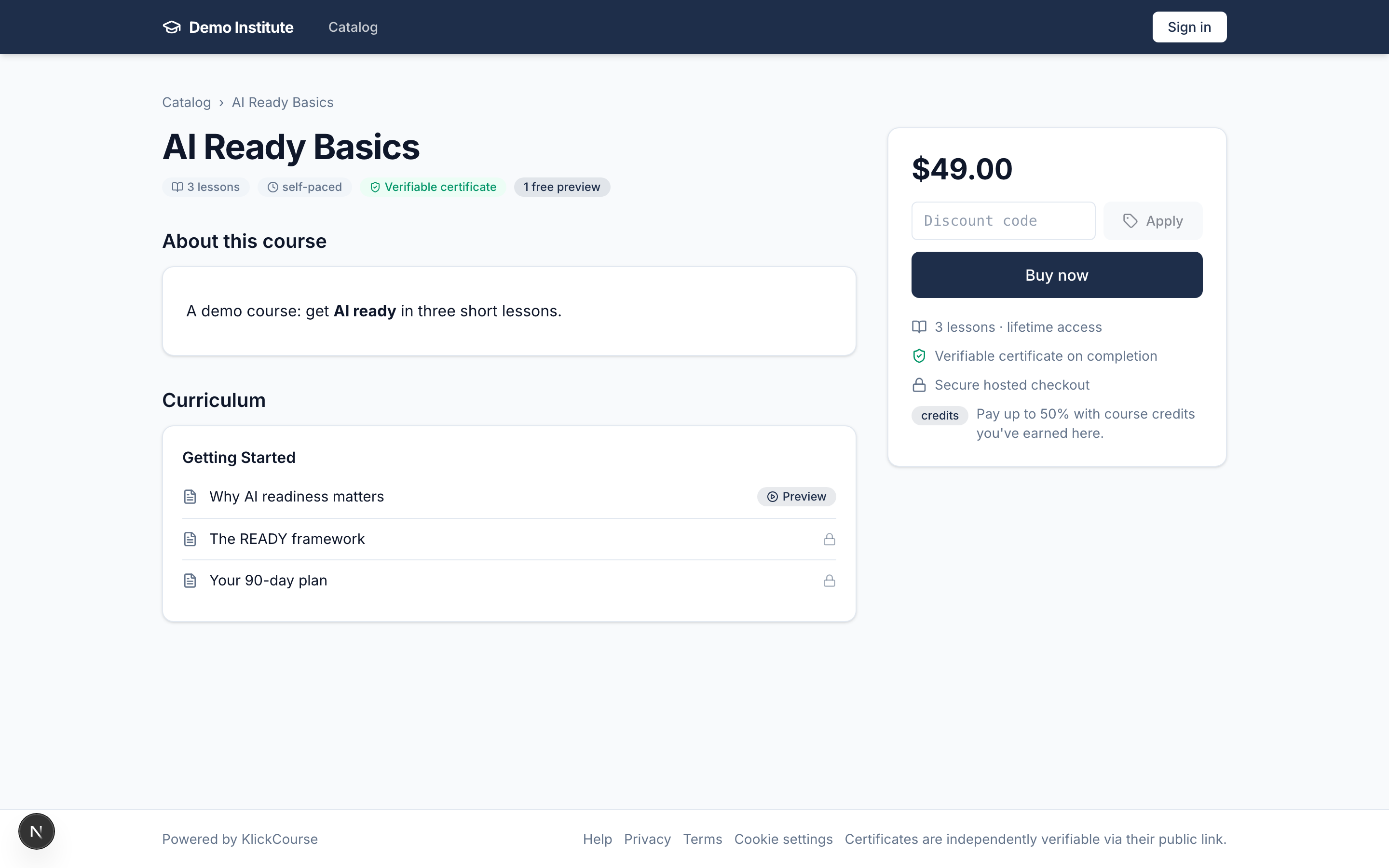 A course page with curriculum, instructor and the purchase card